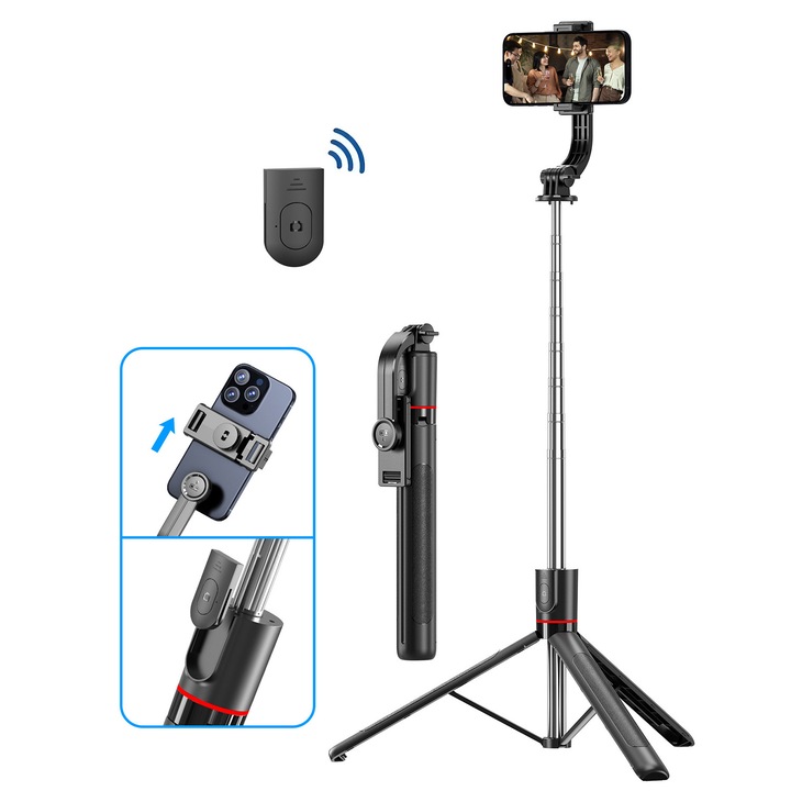 Селфи стик Asopal, професионален, 1.7 м, с подвижен статив, Bluetooth дистанционно управление, неръждаема стомана, лек, 265 гр
