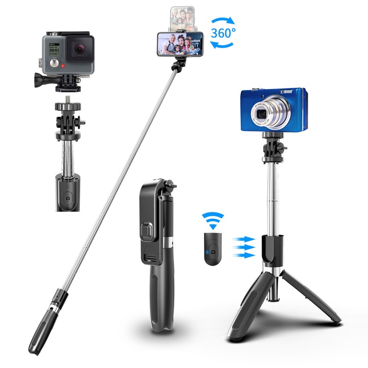 Селфи стик Asopal, разтегателен, 1 м, въртене в различни посоки, Bluetooth дистанционно управление 10 м, черен