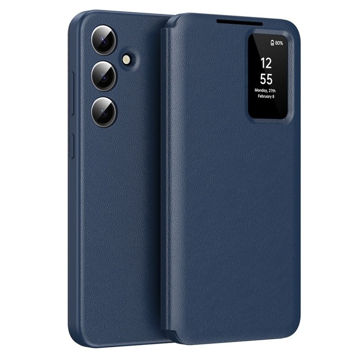 Husa pentru Samsung Galaxy A55 5G tip carte, Skyddar, cu portofel si SmartView, Premium, set cu sticker, Albastru