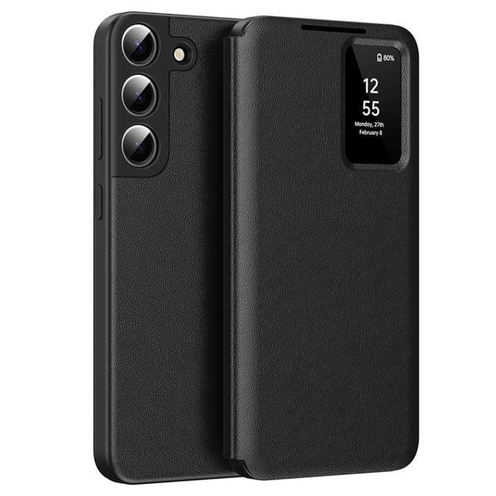 Husa pentru Samsung Galaxy S22 5G tip carte, Skyddar, cu portofel si SmartView, Premium, set cu sticker, Negru