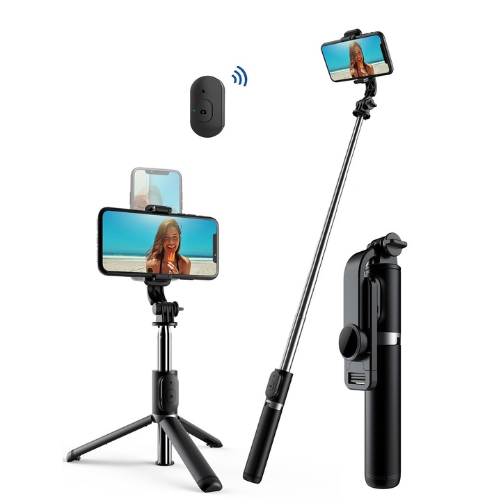 Selfie Stick Negru din Otel Inoxidabil – Extensibil 1 m la 20 cm, cu Trepied si Telecomanda Bluetooth 10 m, Ultra-Usor 150 g, pentru Calatorii si Telefoane Inteligente