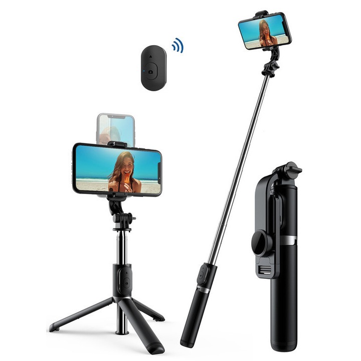 Asopal szelfibot, 1m, kihúzható, állvány, Bluetooth távirányító, fekete, 19.4x150g