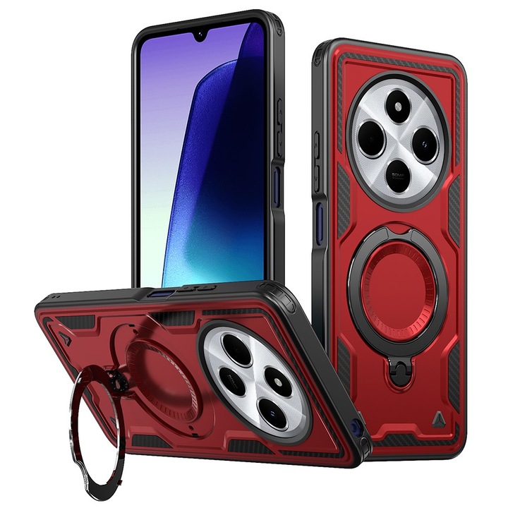 Husa military armour cu inel metalic, ALC MOBILE, compatibila cu Xiaomi Redmi 14C, Rosu