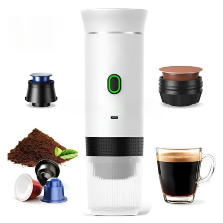 Безжична преносима кафемашина Planet Tech 3 в 1, 20 бара, Съвместима с капсули Nespresso, Dolce Gusto, Мляно кафе, Бяла