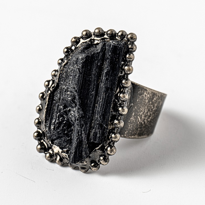 Inel Reglabil Vintage cu Turmalina Neagra - Protectie Energetica