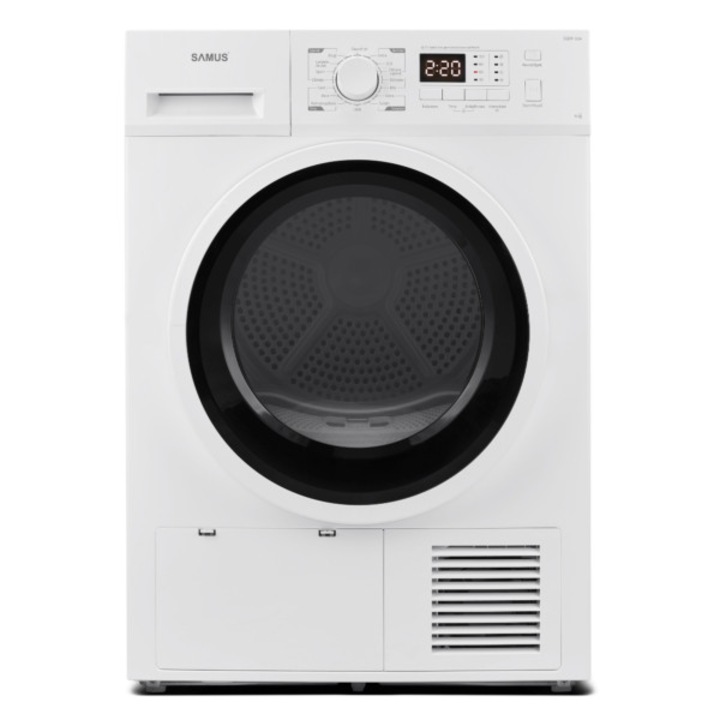 Uscator de rufe Samus SGDP-924, 9 kg, Afisaj electronic, Tip procedura uscare pompa de caldura, 16 programe, Clasa energetica D, Anti-sifonare, Blocare acces copii, Pornire intarziata, Alb