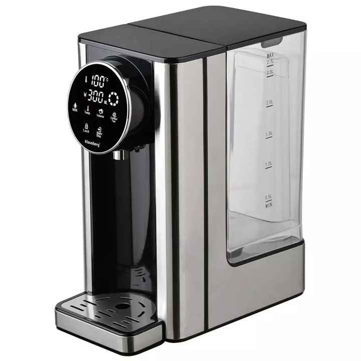 Dozator pentru apa calda, dozator cu fierbator, panou tactil LED, capacitate rezervor 2,7 litri, 2600 W, control al temperaturii 40-100°C, negru-argintiu, Klausberg