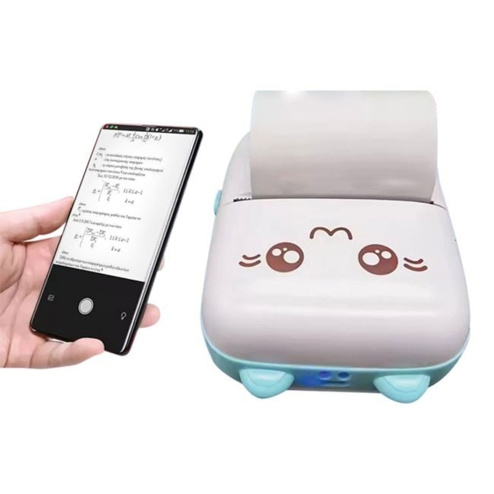 Mini imprimanta termica alba cu urechi, USB tip C, hartie termica 57 x 30 mm, 8 x 3.5 x 11 cm – portabila, compatibila Android/iOS