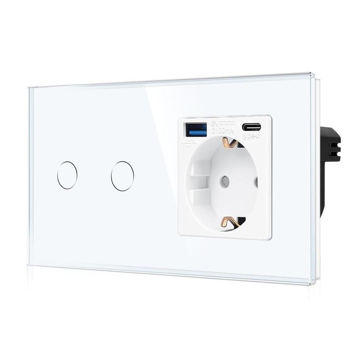 Intrerupator Tactil din Sticla + Priza Schuko cu Fast USB Tip-C & Tip-A (3.1A/20W), Montaj Ingropat, LED Indicator, Alb, Dublu