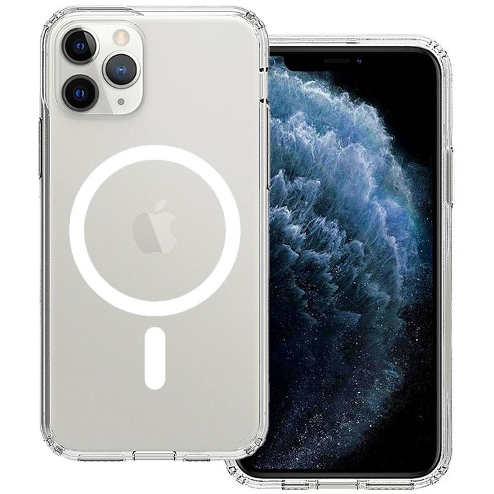 Husa pentru Apple iPhone 11 Pro Max, Spate din policarbonat, Clear Magnet Pro, Wireless charging, Colturi aerate cu protectie antisoc, Margine de silicon, Magnetica, Perfect Fit, Transparenta
