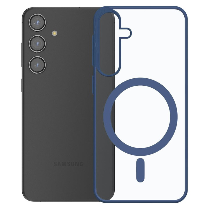 Husa cu magnet pentru Samsung Galaxy S24 Plus, Magnetic Defense Pro, Spate dur din policarbonat transparent, Cadru de poliuretan, Compatibila cu incarcare wireless, Protectie antisoc, Regular Fit, Albastru inchis
