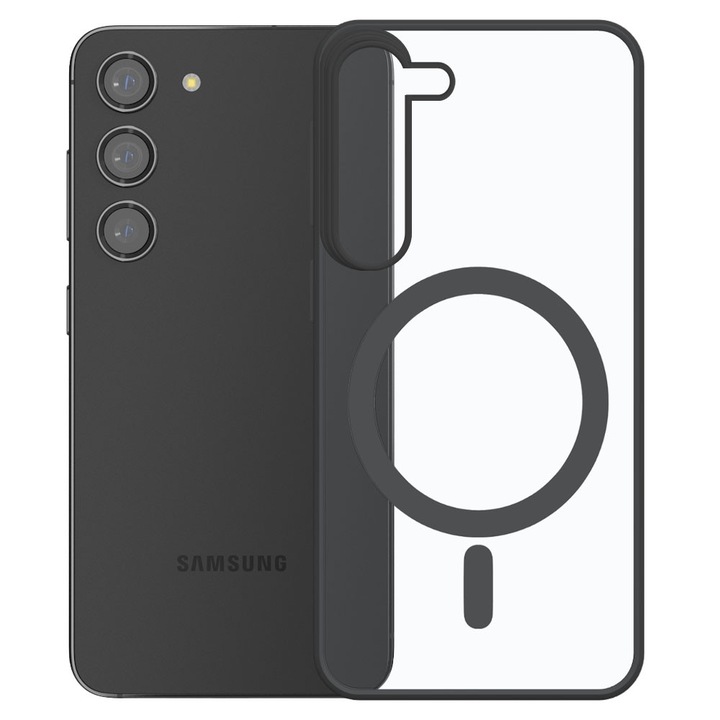 Husa cu magnet pentru Samsung Galaxy S23, Magnetic Defense Pro, Spate dur din policarbonat transparent, Cadru de poliuretan, Compatibila cu incarcare wireless, Protectie antisoc, Regular Fit, Negru