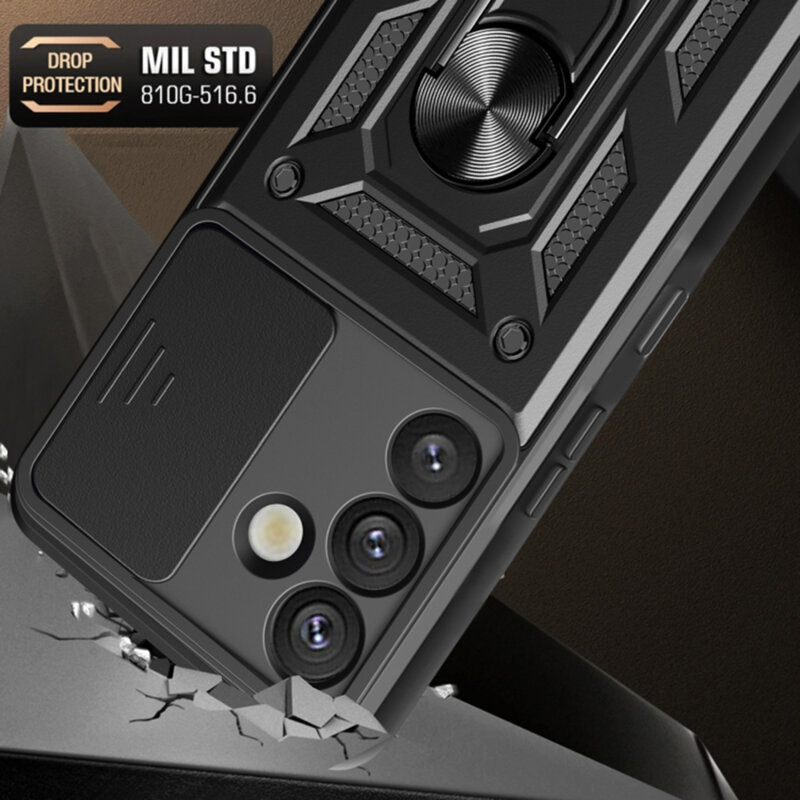 Husa telefon Mat-Tech compatibila cu Samsung Galaxy S25 Plus, Protectie Camera, Magnetic Ring Holder, PopGrip, Anti-Shock, Negru