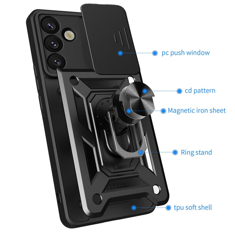 Husa telefon Mat-Tech compatibila cu Samsung Galaxy S25 Plus, Protectie Camera, Magnetic Ring Holder, PopGrip, Anti-Shock, Negru