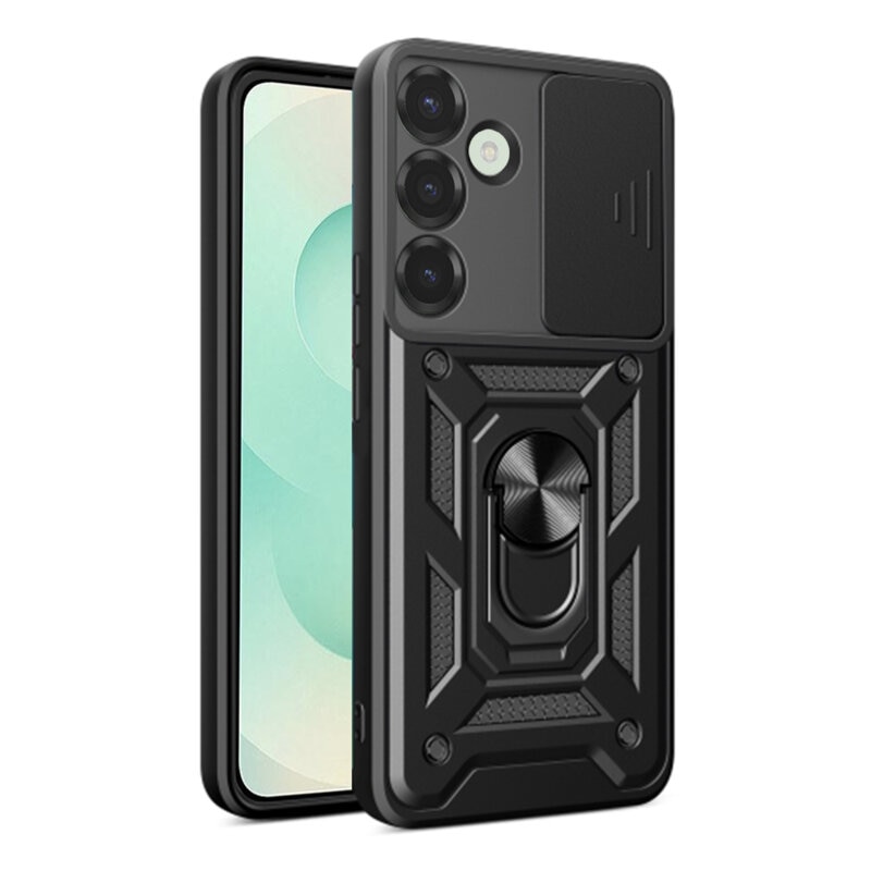 Husa telefon Mat-Tech compatibila cu Samsung Galaxy S25 Plus, Protectie Camera, Magnetic Ring Holder, PopGrip, Anti-Shock, Negru