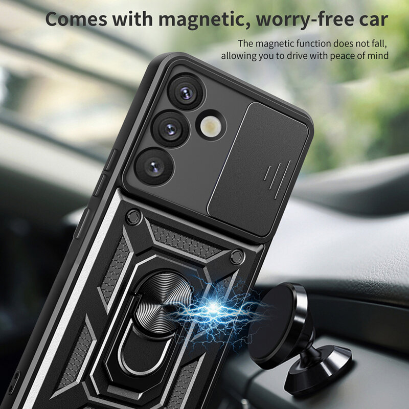 Husa telefon Mat-Tech compatibila cu Samsung Galaxy S25 Plus, Protectie Camera, Magnetic Ring Holder, PopGrip, Anti-Shock, Negru