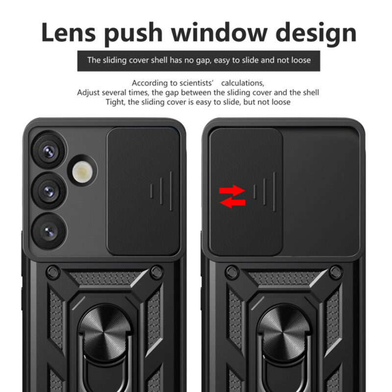 Husa telefon Mat-Tech compatibila cu Samsung Galaxy S25 Plus, Protectie Camera, Magnetic Ring Holder, PopGrip, Anti-Shock, Negru