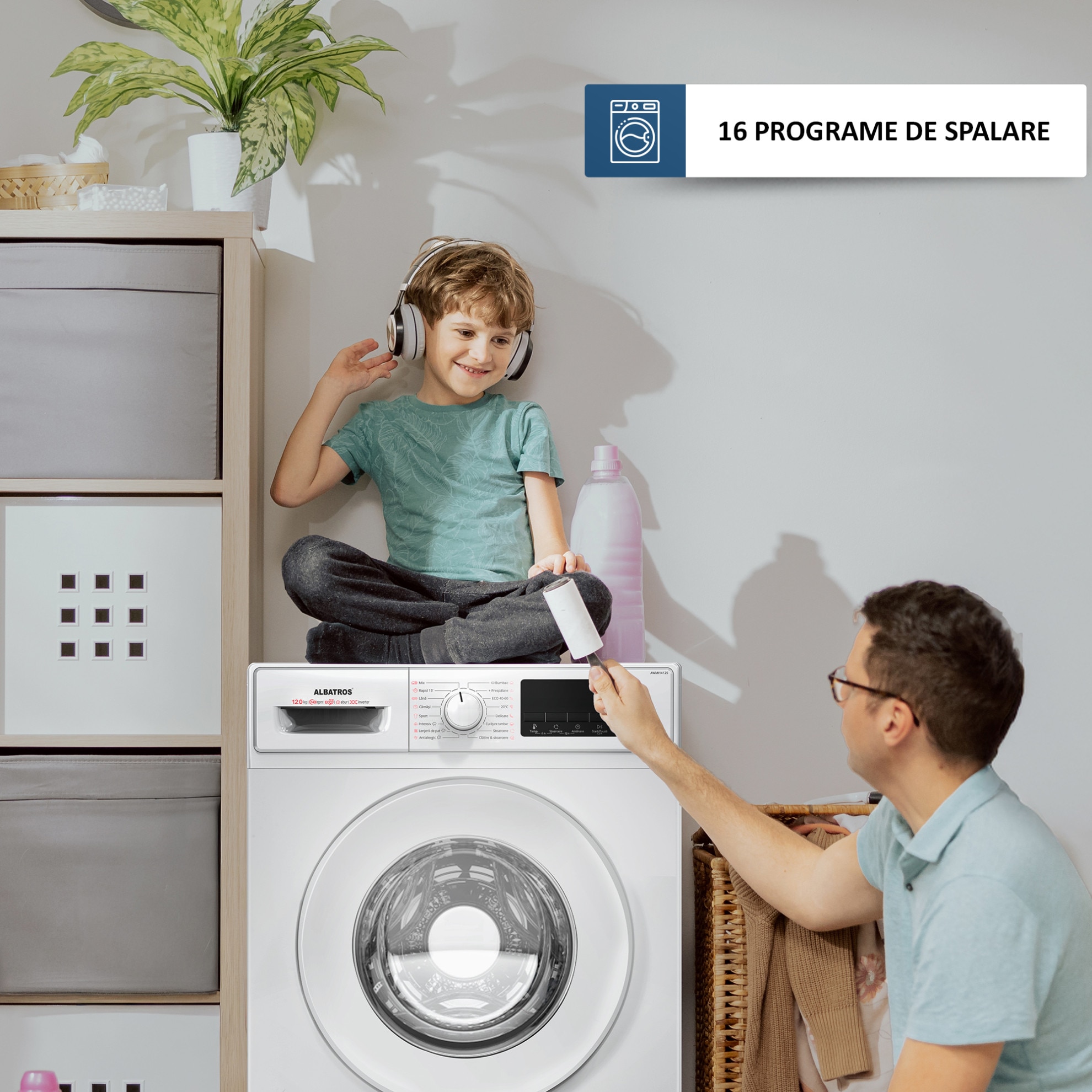 Masina de spalat rufe Albatros AWMI14125, 12 kg, Motor inverter, Displat led, 16 programe, 1400 rotatii, Clasa energetica A – 20%, Reincarcare cu rufe in timpul spalarii, Alb