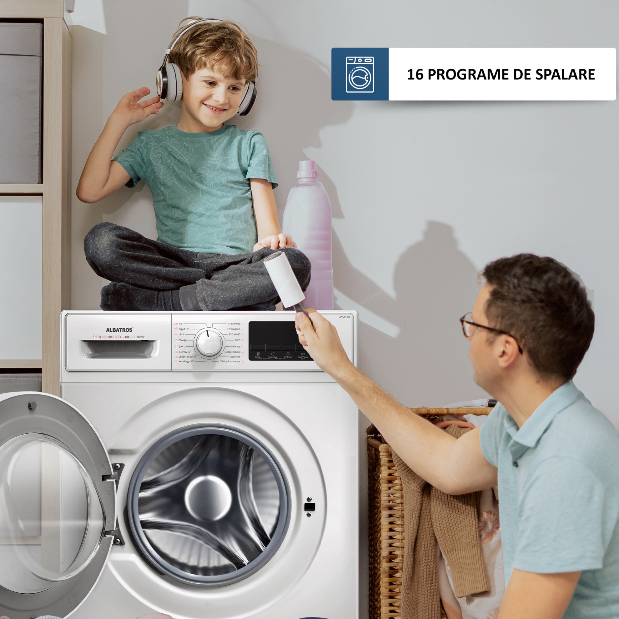 Masina de spalat rufe Albatros AWMI1495, 9 kg, Motor Inverter, Display Led, 16 programe, Clasa energetica A – 10%, Reincarcare cu rufe in timpul spalarii