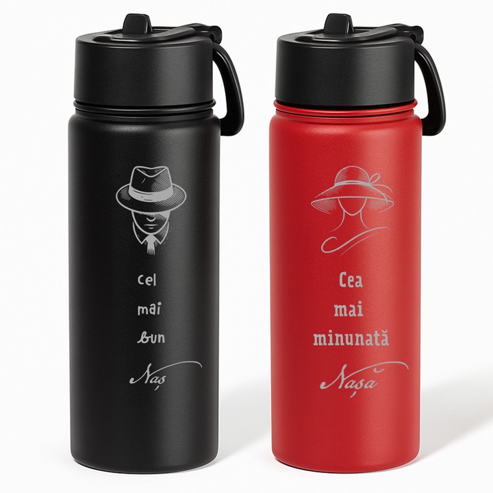 Set 2 Termosuri JOYSTOS, Personalizate Pentru Nasi, Inox, 500 ml, Gravura Laser Pe Ambele Parti, Model Negru Si Rosu