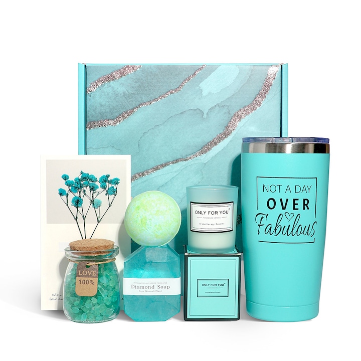 Set cadou spa pentru femei, NEVERMORE, 7 piese Cutie cadou (cu rafie), Ingrijire corp, Cana termos din inox, Bomba de Baie, Sare de Baie, Lumanare Parfumata, cadou relaxant pentru Valentine, Ziua Mamei, Craciun, albstru