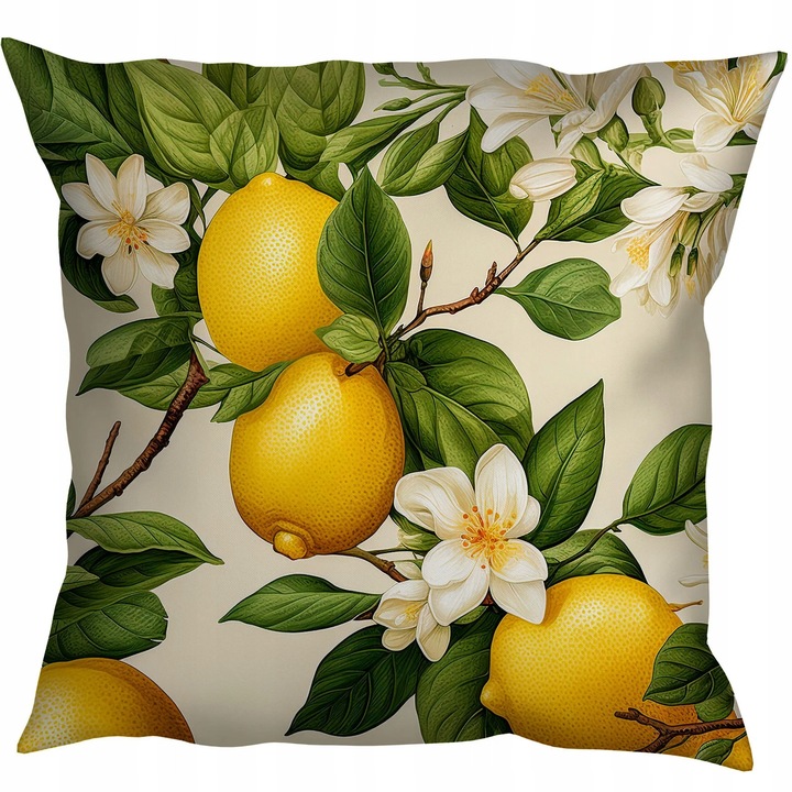 Dekoratív párna, Warmu, Citrom, 40x40 cm, Poliészter anyag, Bézs/Citromsárga, 180 g/m², Cipzáras, Oeko-Tex® Standard 100 tanúsítvánnyal, Kétoldalas nyomtatás