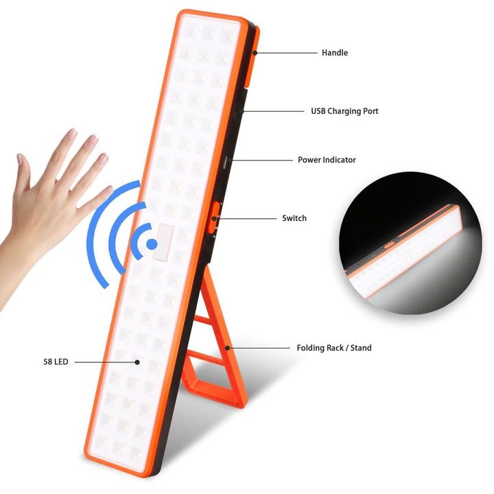 Акумулаторно фенерче, черно-оранжево, с 3 светлинни функции и USB - 42 см
