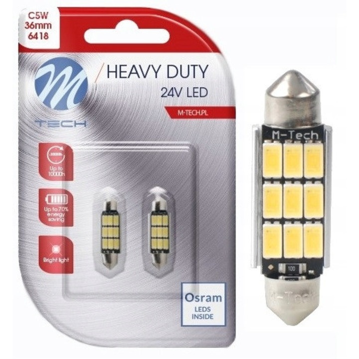 Комплект от 2 LED крушки C5W M-Tech 36mm 24V CANBUS Бяла