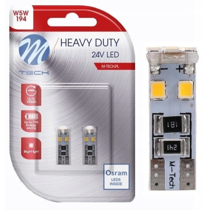 Комплект от 2 LED крушки W5W T10 M-Tech CANBUS 24V, 8 диода, бели, 1.84W