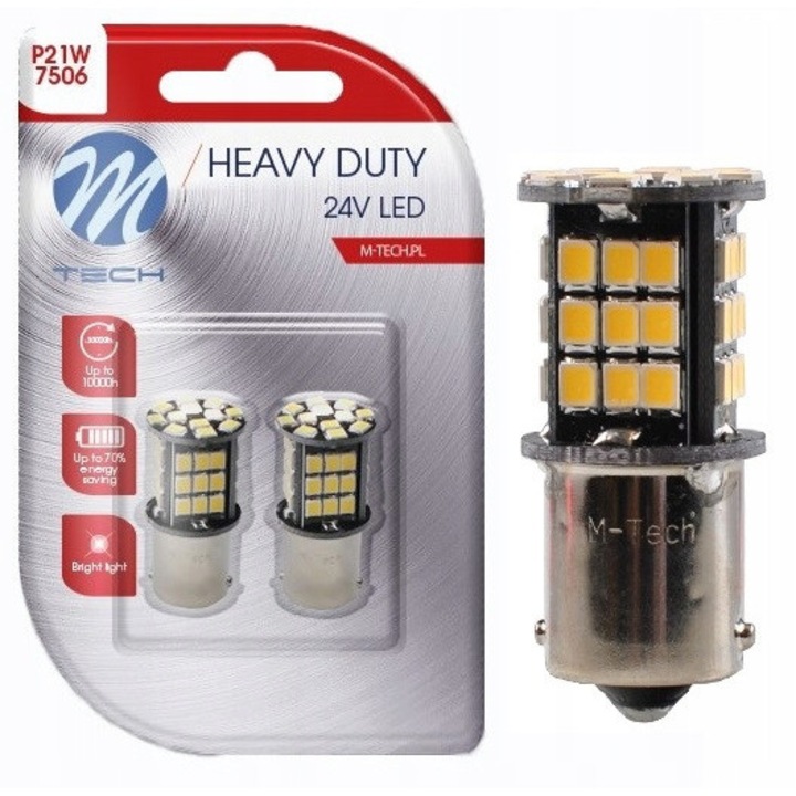 Set 2 becuri LED P21W M-TECH 24V, 48 diode SMD 2835, alb rece
