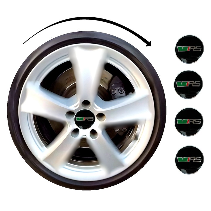 56/52 mm-es kerékagy-sapkák készlet, kompatibilis a Skoda márkával, gyári felnikre - VRS RS logó, fényes alumínium