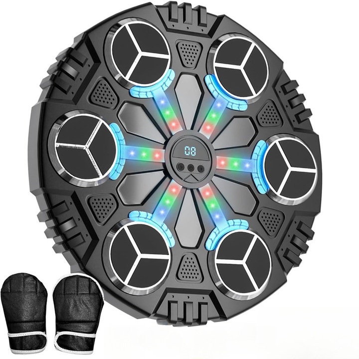 Set tinta de box cu manusi, Ronyes, cu difuzor Bluetooth, ecran LED, negru