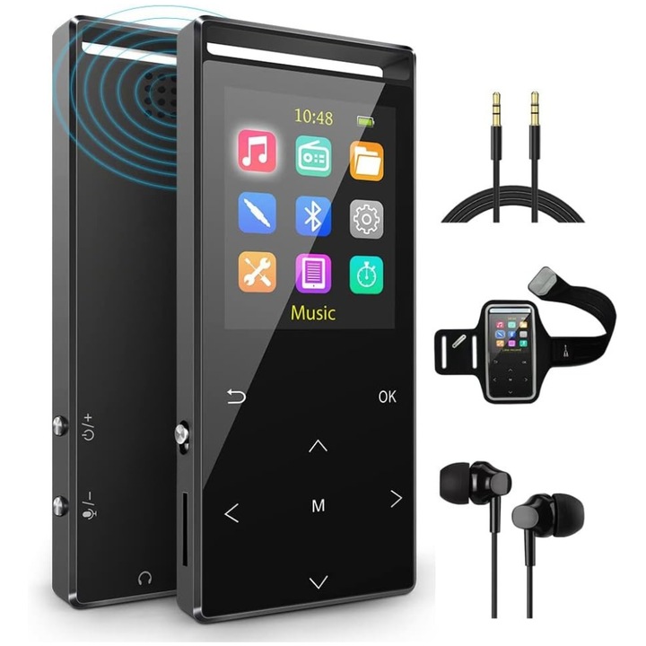 Player MP3 cu Touchscreen, Ecran 1.8 inch, Bluetooth 5.0, 64GB Memorie, Suporta Card SD pana la 128GB, Difuzor, Sunet HiFi, Radio FM, E-book Reading, Reportofon, Cronometru, Alarma, Calendar, Portabil, USB-C, AUX, Casti si Husa Sport Incluse, Negru
