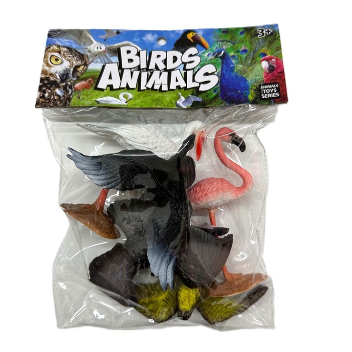 Set 5 figurine pasari exotice, vultur, lebada neagra, barza, flamingo, dimensiune 10x12cm, jucarii din plastic