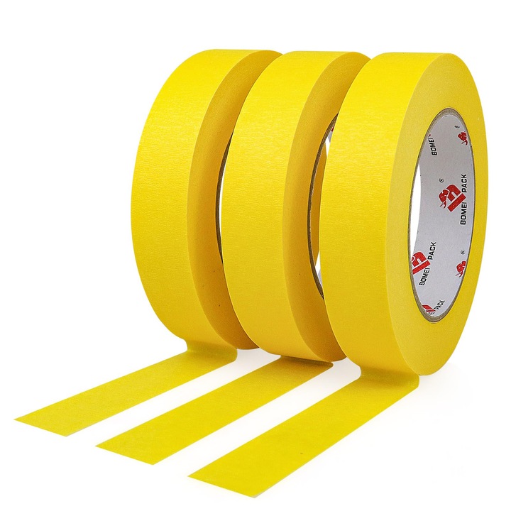 Set banda adeziva Bomei Pack, 3 bucati, rezistenta la apa si vopsea, galben, 2.5cmx20m
