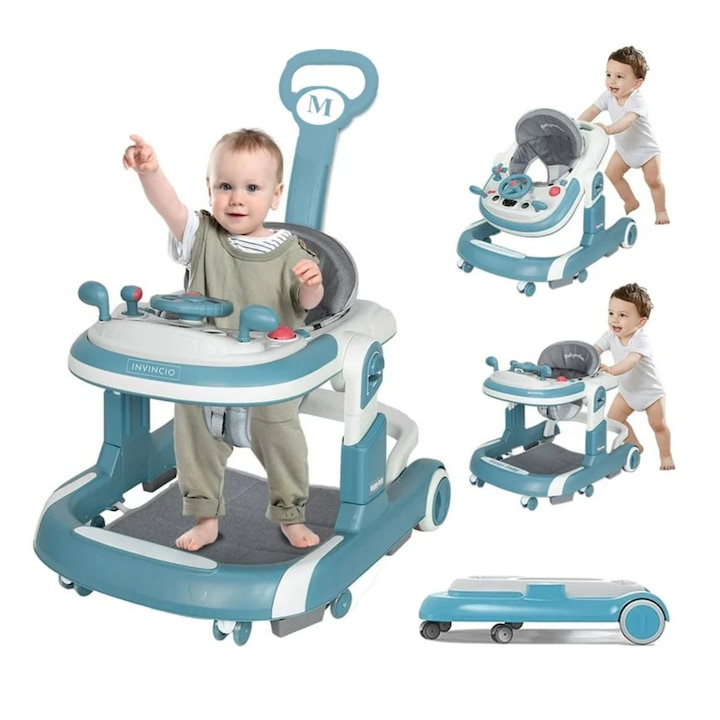 INVINCIO First Steps 4-в-1 Проходилка за деца 6-24 месеца, Интерактивни моторни играчки, Режим за проходилка, безшумни колела, система против преобръщане, сгъваема и регулируема височина на 4 нива, максимално тегло 30 кг, синя