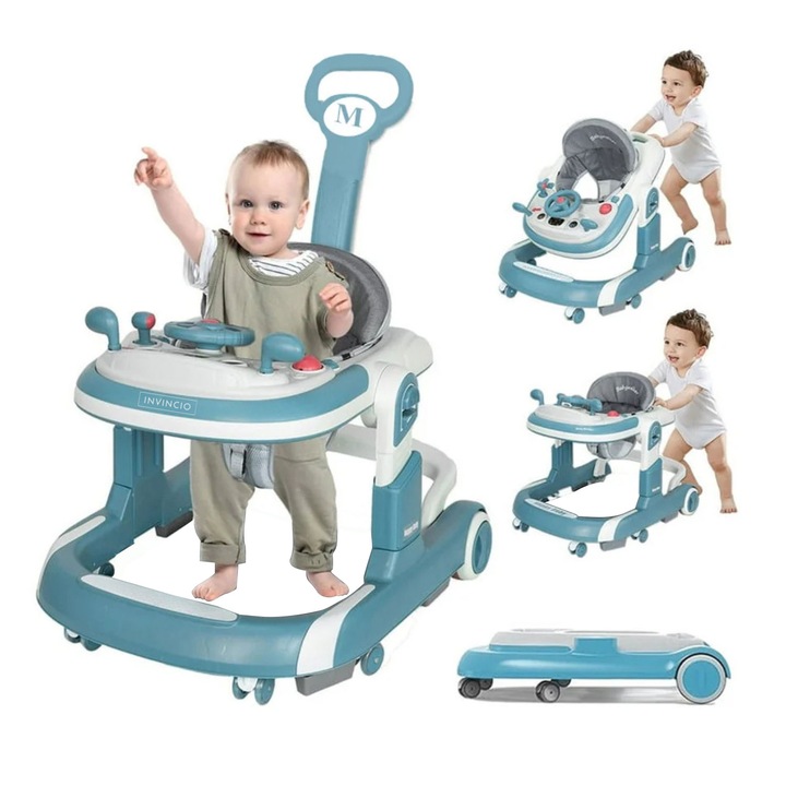 INVINCIO First Steps 4 az 1-ben járókeret, 6-24 hónapos gyermekeknek, interaktív motoros játékok, járókeret üzemmód, csendes kerekek, borulásgátló rendszer, összecsukható és 4 szinten állítható magasságú, maximális teherbírás 30 kg, kék