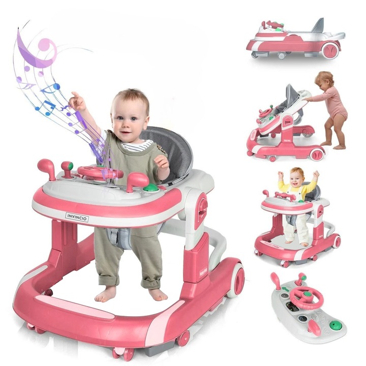 INVINCIO First Steps 4 az 1-ben bébikomp, járássegítő, 6-24 hónapos gyermekeknek, interaktív motoros játékok, csendes kerekek, borulásgátló rendszer, összecsukható és 4 szinten állítható magasságú, maximális súly 30 kg, rózsaszín