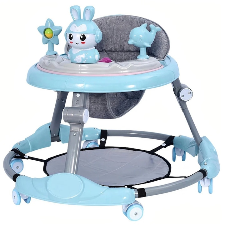 Premergator Reglabil pentru Bebelusi cu Varsta intre 6-36 Luni, Tarossy®, Pliabil cu 3 Jucarii, Roti silicon, Greutatea Maxima 20 kg, Albastru