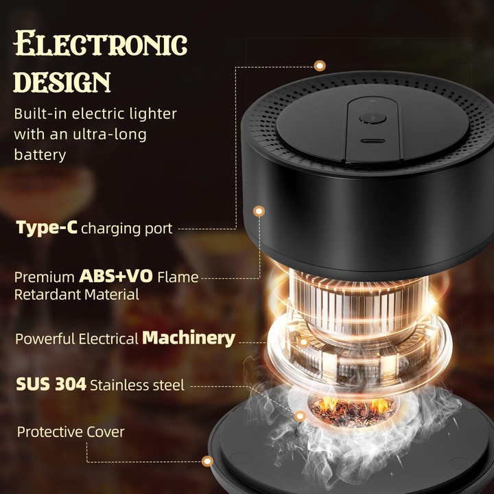 Kit afumator electric pentru cocktailuri ARITAUM, 6 arome, design sigur