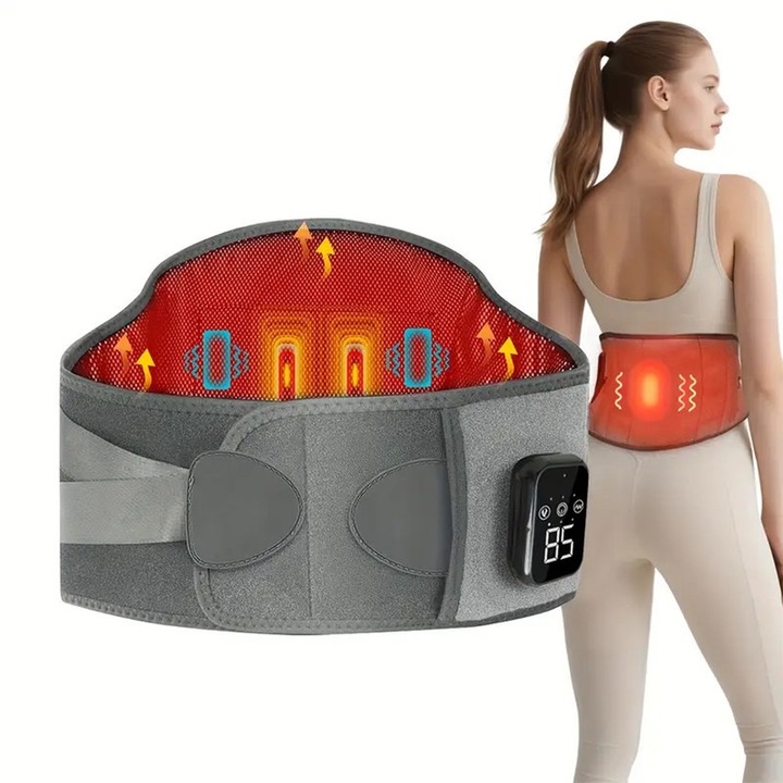 Масажен колан безжичен с нагряване и лумбална опора, 3 режима на топлина и вибрация, регулируем, сив, 118x20см