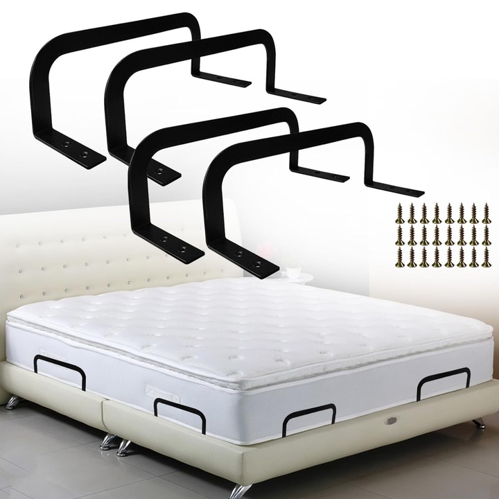 Set 4 opritoare saltea, metalice, negre, 26x8x9cm, cu suruburi, Suporturi Fixare pentru 10-30cm Saltele, Anti-Alunecare, Protectie Impotriva Deplasarii, Negru