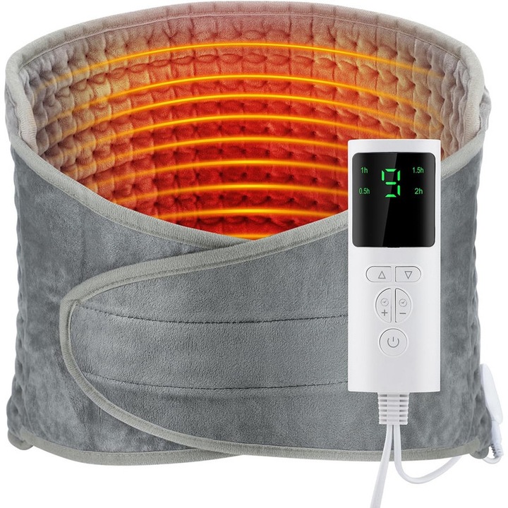 Centura electrica pentru spate, 9 setari de temperatura, 4 Setari Timer, Cu telecomanda, protectie impotriva supraincalzirii, lavabila, 30x125cm, Gri, Pentru Talie Abdomen Umeri Genunchi