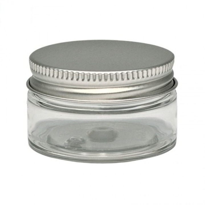 Recipient cosmetic Cutie transparenta, capac aluminiu, 25ml