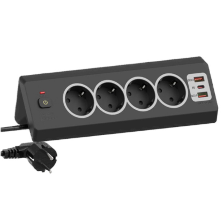Priza de Colt, Adsinio, 4 Prize Schuko, 2 Porturi USB-A, 1 Port USB-C, 220-240V, 16A, Negru