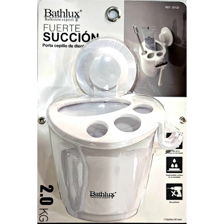 Suport puternic pentru periute de dinți cu ventuze BATHLUX, montare fără găurire, material plastic, culoare albă