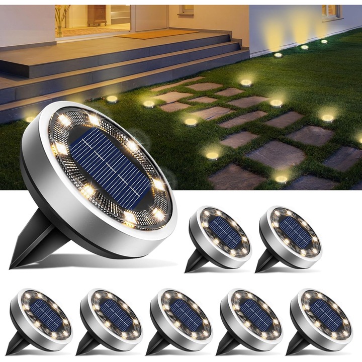 Set 8 Lampi Solare Cu Incarcare Rapida, Waterproof, Metal, Lumina Calda, 8 LED-uri