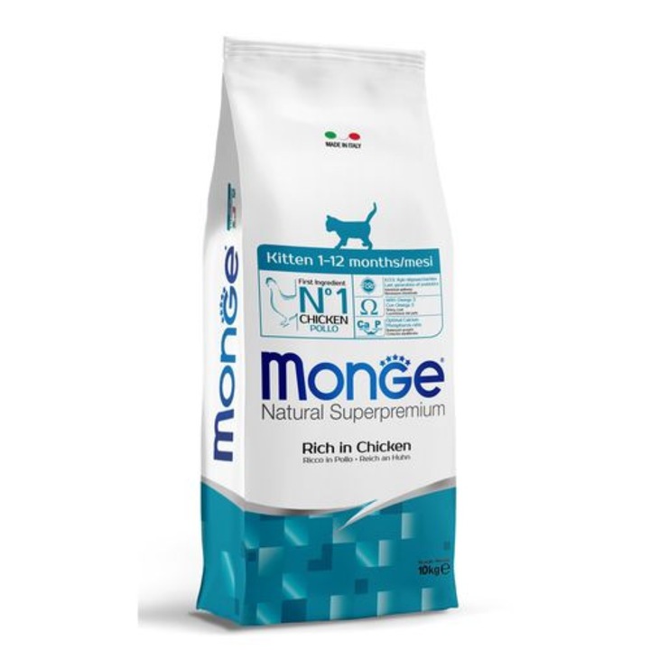 Hrana pentru pisici Monge Natural Superpremium Kitten, 10kg, cu pui, pentru catei de pisica, fara coloranti si conservanti artificiali