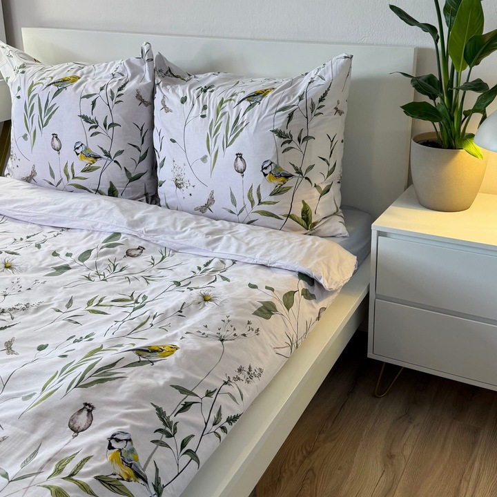 Set de lenjerie de pat, Bumbac, 200x220 cm, Alb cu flori si pasari