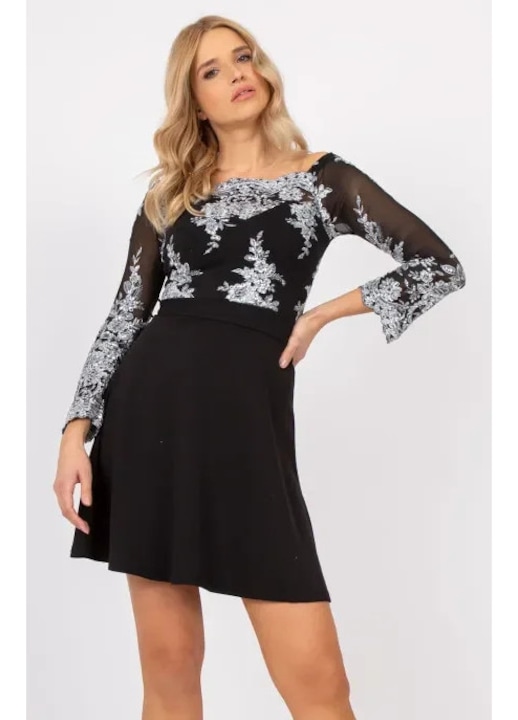 Алида, елегантна вечерна рокля с пайети и бродерия, Черен, S-M